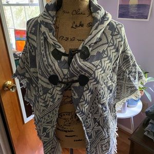 Blue and white tribal print Shaw with hood